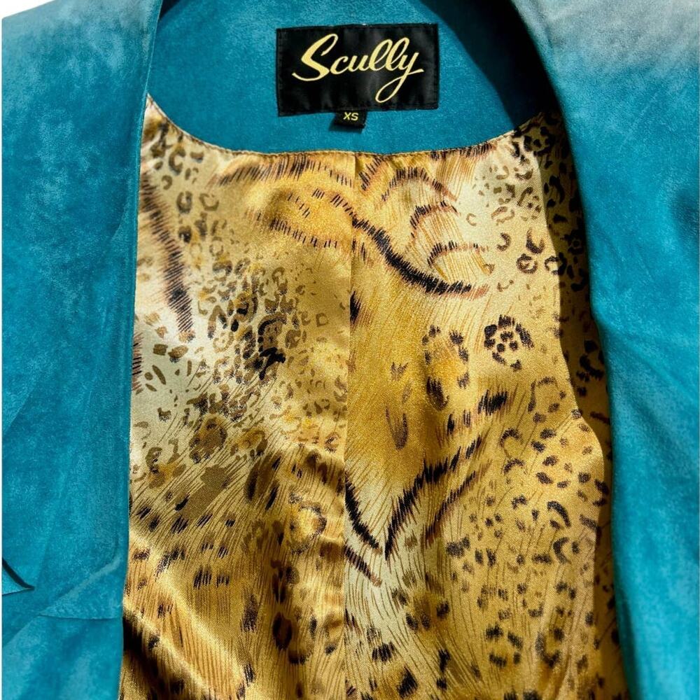 Vintage 90s Scully Turquoise Blue Ruffle Suede Leather Long Jacket size XS Tiger - Picture 5 of 9